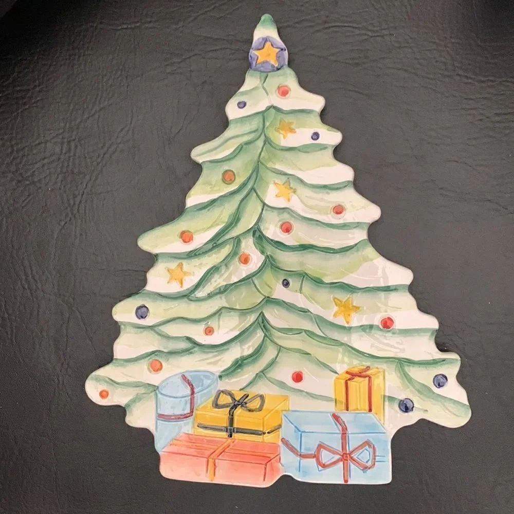 Christmas Tree Ceramic Trivet Hand Painted Made Italy Presents Green Yellow Blue